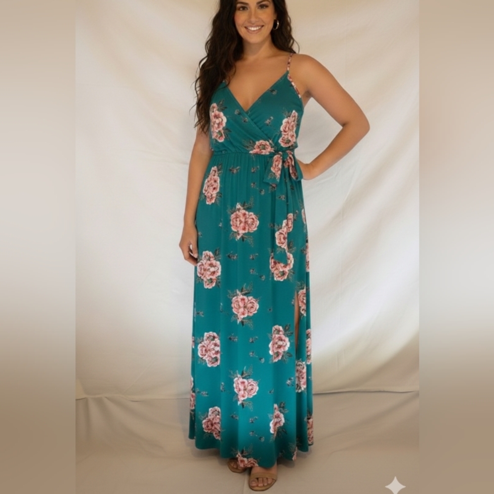 Dream of Me Womens Green Floral Maxi Dress with Vents, S